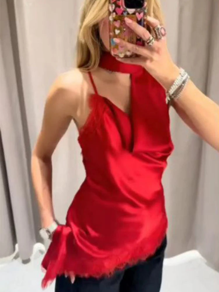 HH Women Fashion Party Tops Sexy Sleeveless Backless Irregular Lace Splicing Decoration Short Top Woman Summer Elegant Solid Top