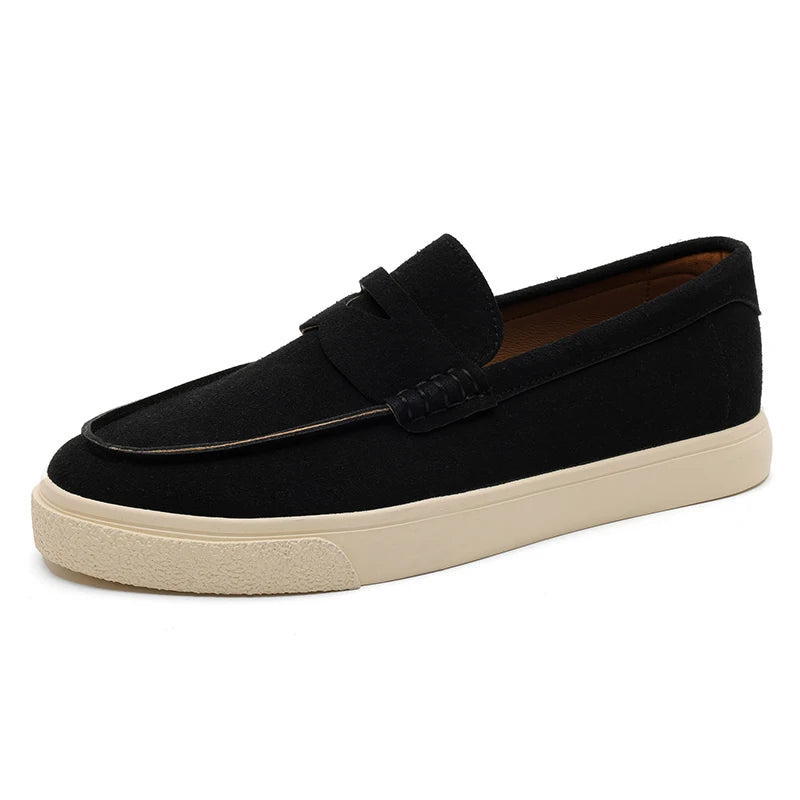 2025 Men's Genuine Suede Loafers 39-44, Black Round-Toe with Decorative Flap & Stitching Details, Brown Lined Comfortable Fit