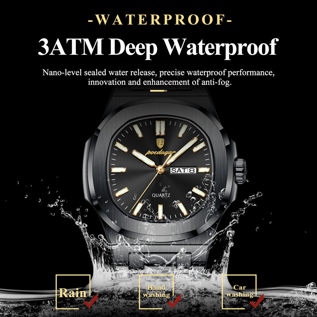 POEDAGAR Square Luxury Men's Wristwatch Luminous Waterproof Stainless Steel Male Clock Week Date Original Quartz Watches For Men