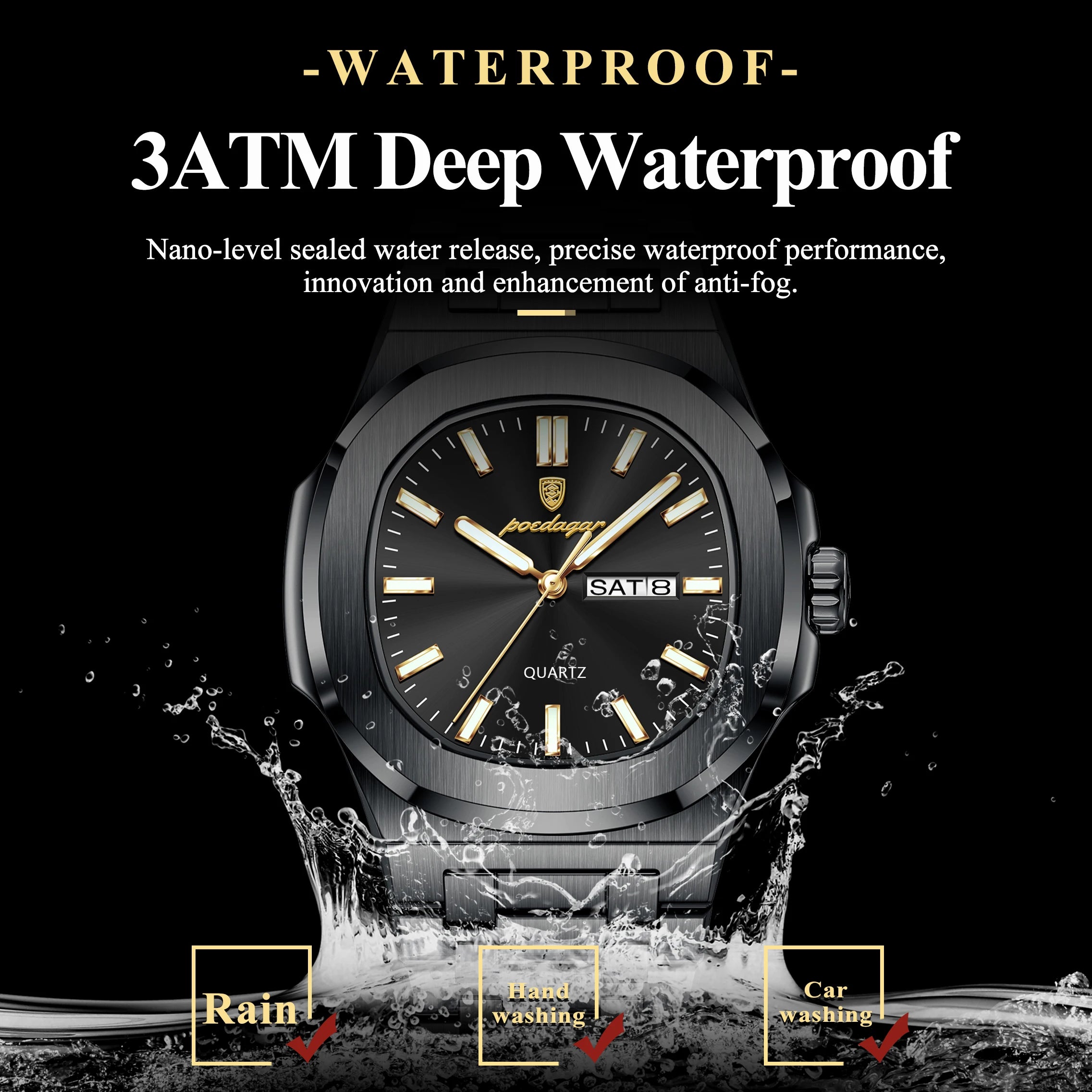 POEDAGAR Square Luxury Men's Wristwatch Luminous Waterproof Stainless Steel Male Clock Week Date Original Quartz Watches For Men