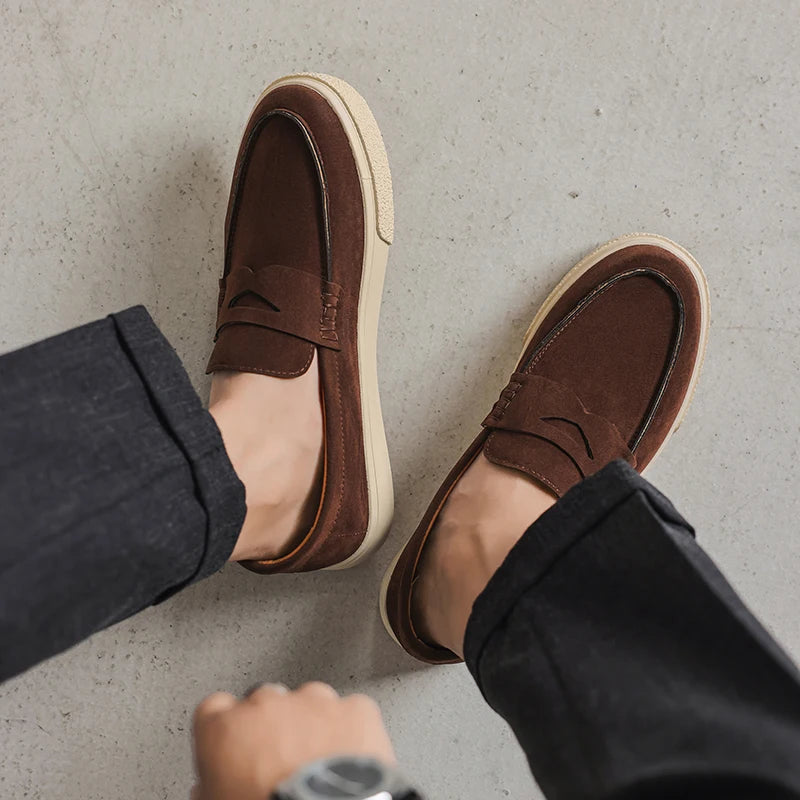 2025 Men's Genuine Suede Loafers 39-44, Black Round-Toe with Decorative Flap & Stitching Details, Brown Lined Comfortable Fit