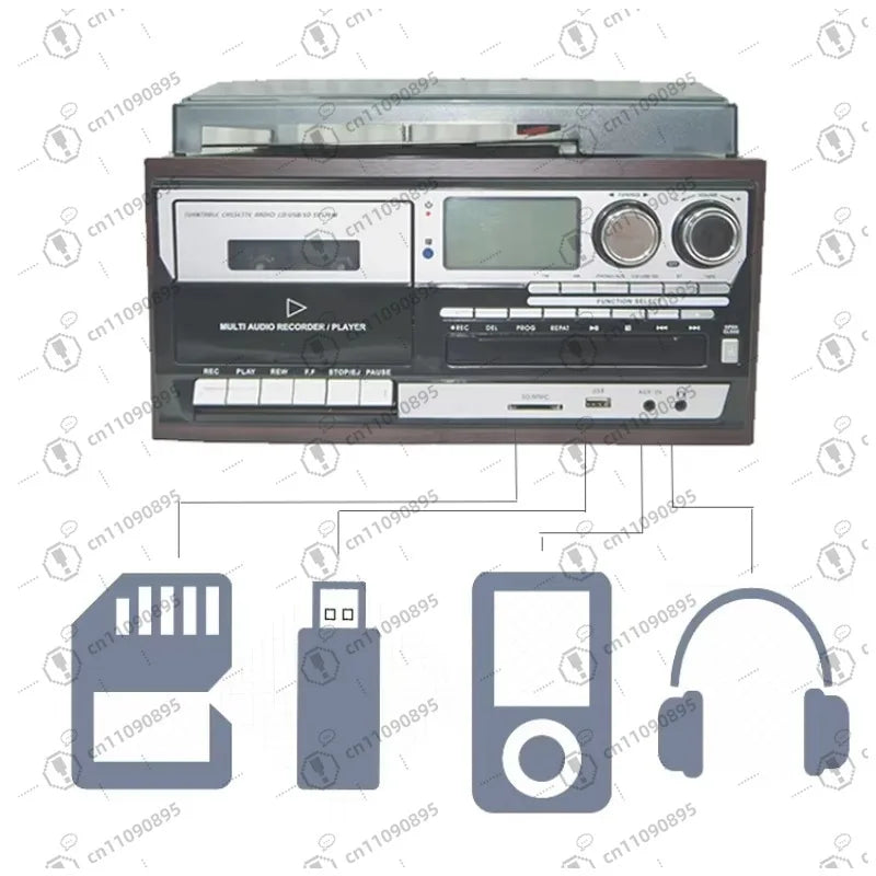Classic Vintage Design 6-in-1 Audio Turntable Phono & Vinyl Turntable LP & Gramophone with Computer Link/3-Speed LP