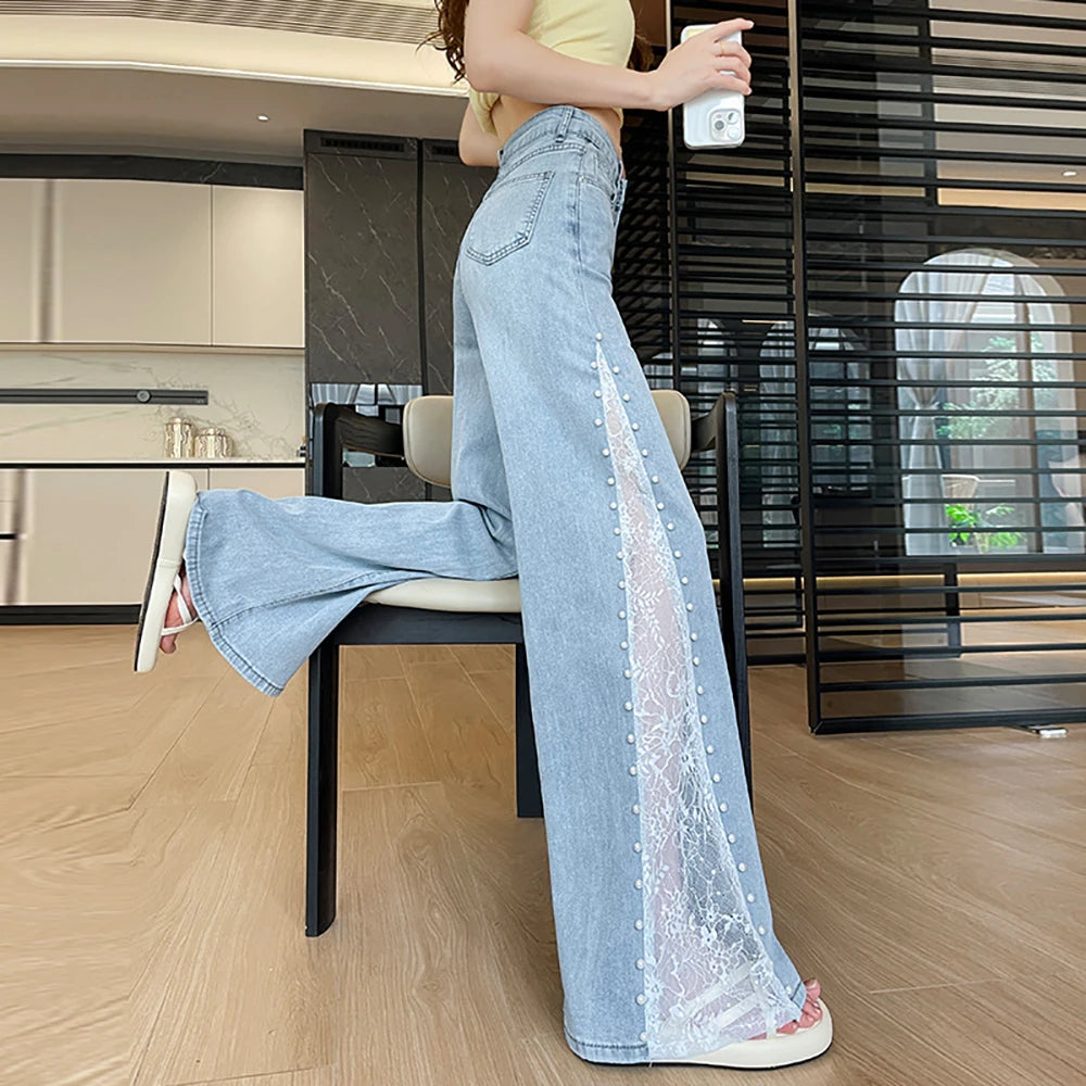 Lace Patchwork Wide Leg Jeans for Women Fashion High Waist Beadings Design Denim Pants 2025 New Straight Loose Ice Silk Trousers