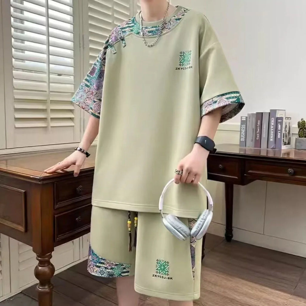 Summer New Fashion Trend Print Comfortable Breathable Short Sleeve Shorts Set Men's Casual Loose Sports Plus Size Two-Piece Set