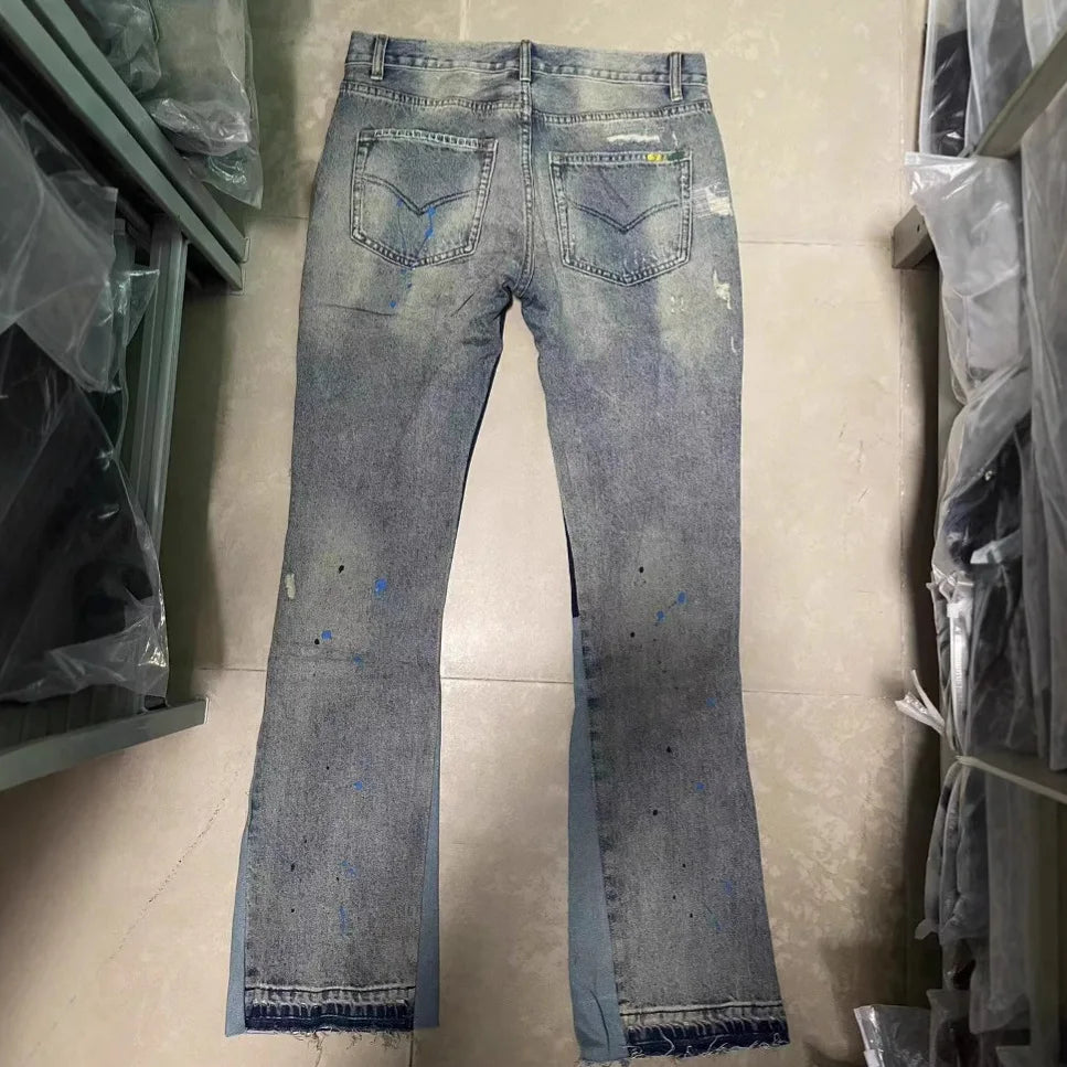 Washing Water Old Destroying Holes Cat Whiskers Embroidery Printing Splashing Ink Micro-horn Wide-leg Jeans for Men