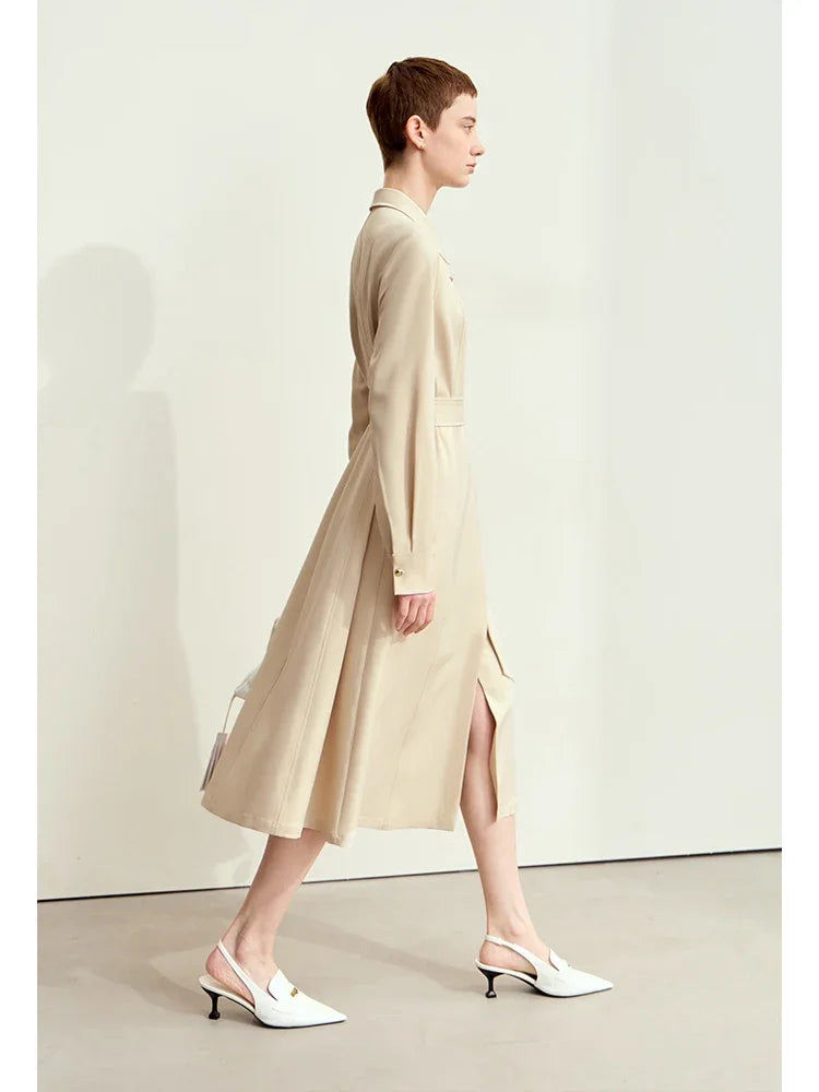 Amii Minimalism Dresses for Woman 2025 Autumn New Lapel with Belt Slim Midi Dresses Fashion Office Lady Woman Clothing 12443045