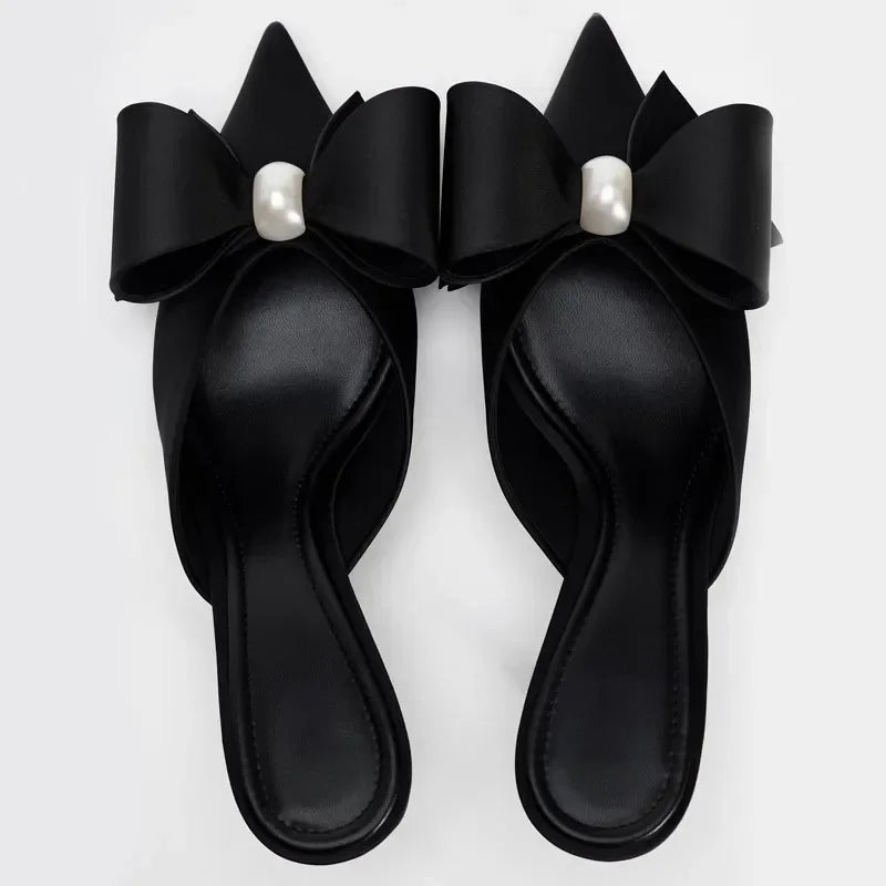Butterfly-knot Satin Designer Mules Slippers Women Pointed Toe High Heels Banquet Party Shoes Fashion Brand Sandals Ladies Pumps