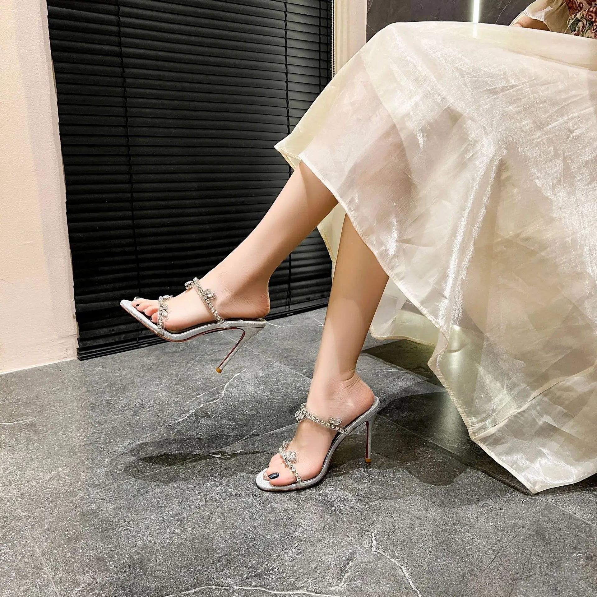 Size 33-41 Summer New Sandals with Transparent Crystal Rhinestones High-heeled Stiletto Women's Slippers  Designer Shoes