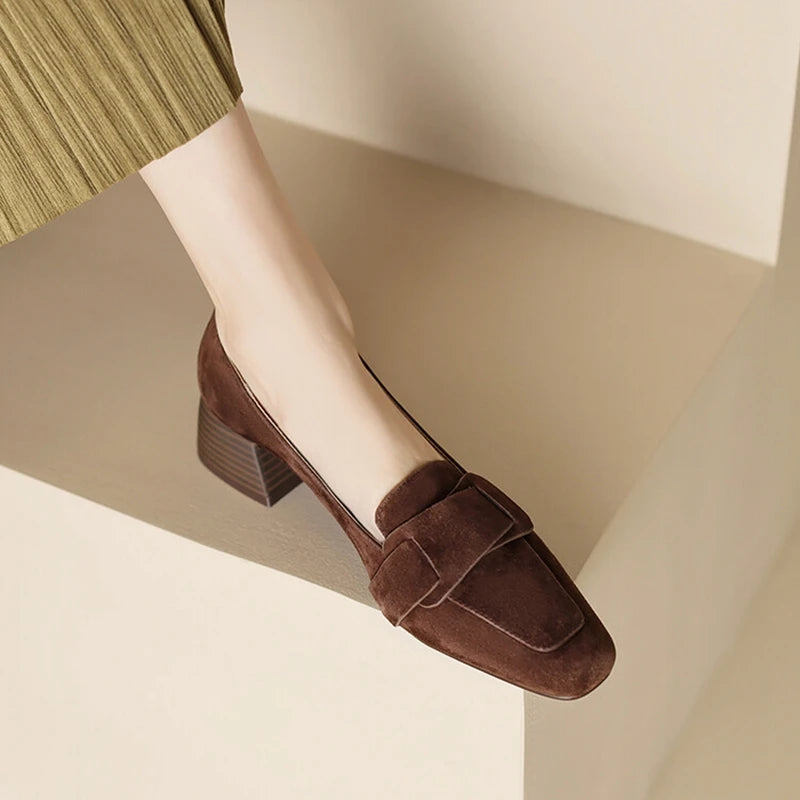 NEW Spring Women Loafers Square Toe Chunky Heel Shoes Sheep Suede Shoes for Women Concise Women Pumps Low Heel zapatos de mujer