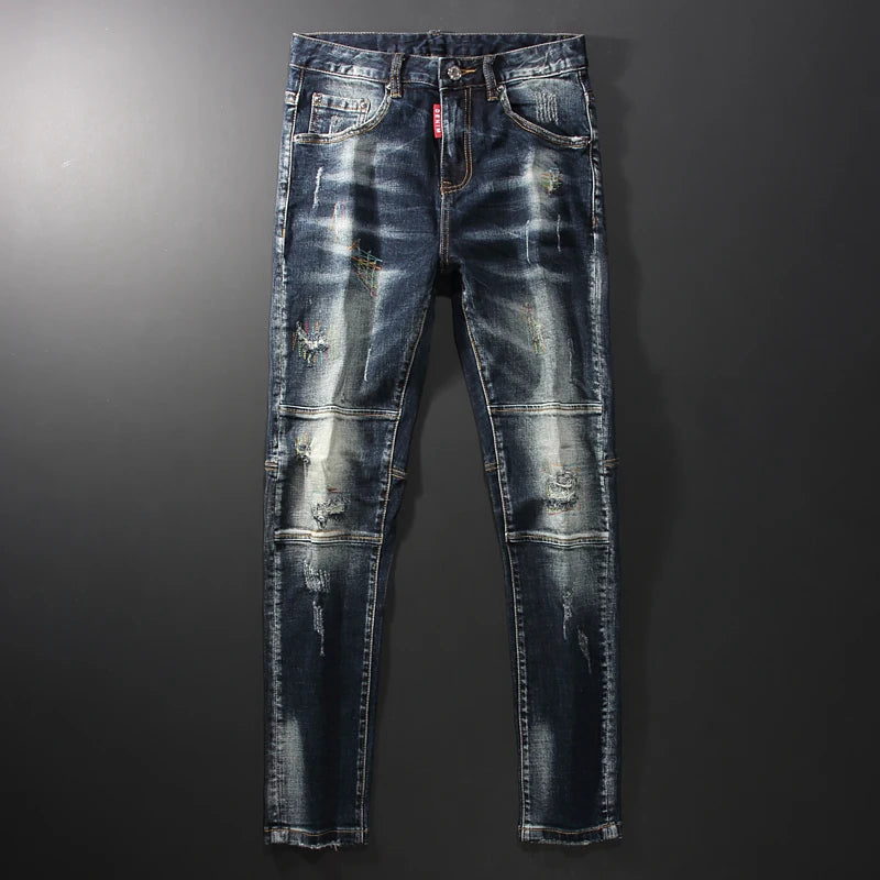 Streetwear Fashion Men Jeans Retro Black Blue Elastic Slim Fit Ripped Jeans Men Spliced Designer Embroidery Hip Hop Denim Pants