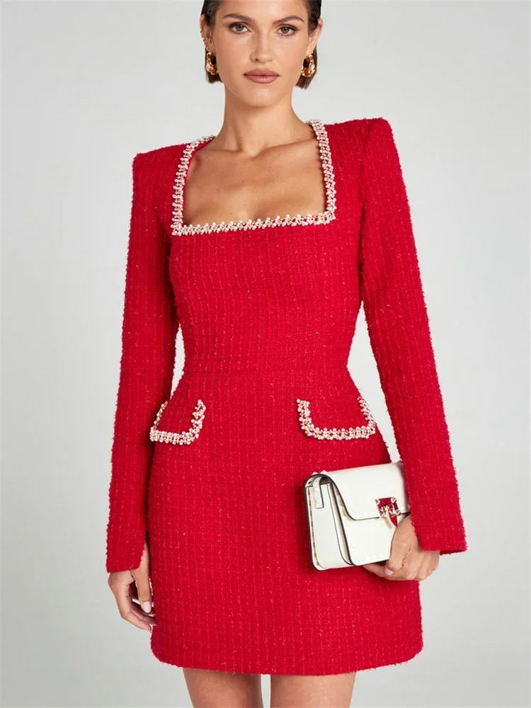 2025 Elegant Fashion Mini Dress For Women Shiny Long Sleeve Commute Pocket Clothes Female Square Collar Glitter Dress
