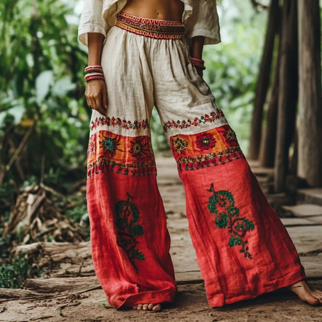 Fashionable Retro Summer Ethnic Style Printed Straight Leg Pants 2025 Women's Loose Wide Leg Pants Casual Pants For Women