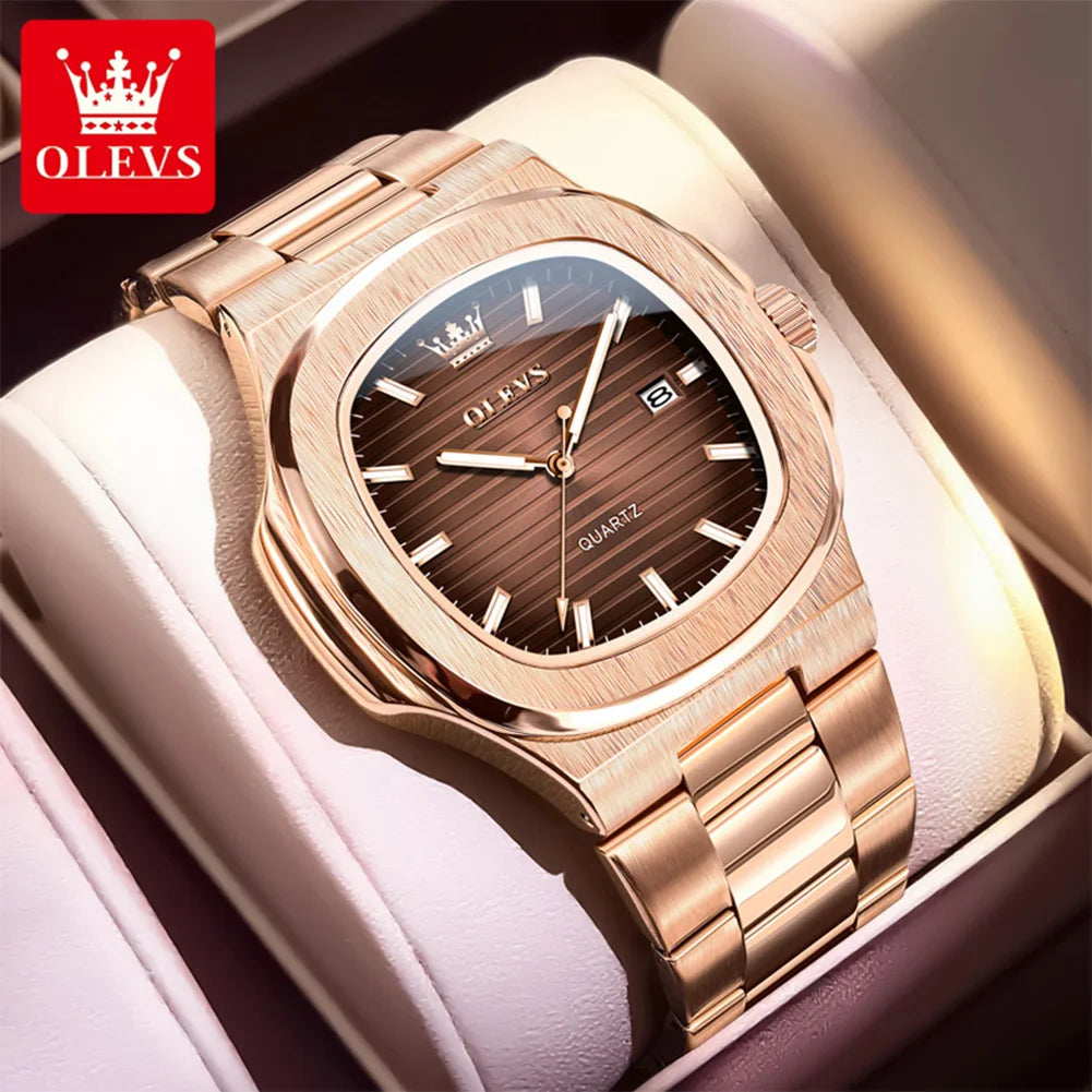 OLEVS Fashion Square Men Watches Business Stainless Steel Rose Gold Quartz Watch Calendar Date Male Casual Sports Luminous Clock