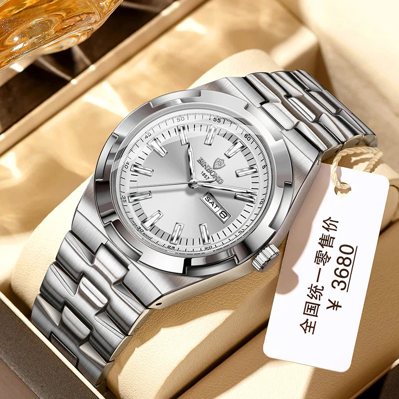 BINBOND Men's Watch Fashion Trend Night Light Calendar Waterproof Business Leisure Steel Strip Men's Watch Watches for man B025
