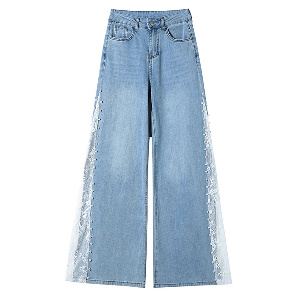 Lace Patchwork Wide Leg Jeans for Women Fashion High Waist Beadings Design Denim Pants 2025 New Straight Loose Ice Silk Trousers