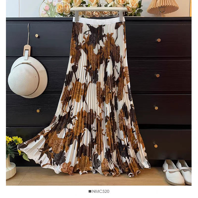 Bohemian Print Beach Skirts Female High Waist Flowy A-Line Pleated Maxi Skirt for Vacation Resort Wear & Spring Fall Fashion
