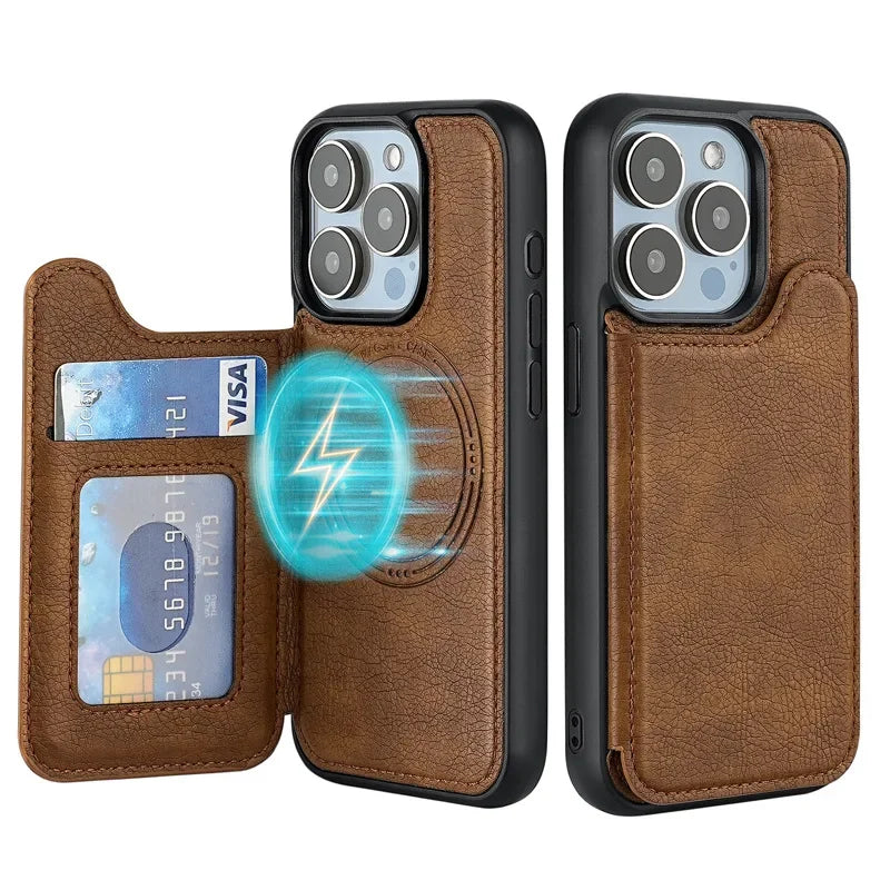 For Magsafe Magnetic Leather Phone Case for IPhone 17 Air 16E 16 15 Plus 14 13 12 Pro Max Wallet with Card Holder Cover