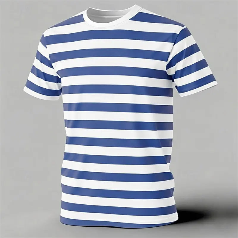 Men's short-sleeved T-shirt, simple striped print, casual loose fit, fashionable street style, men's crew neck T-shirt.