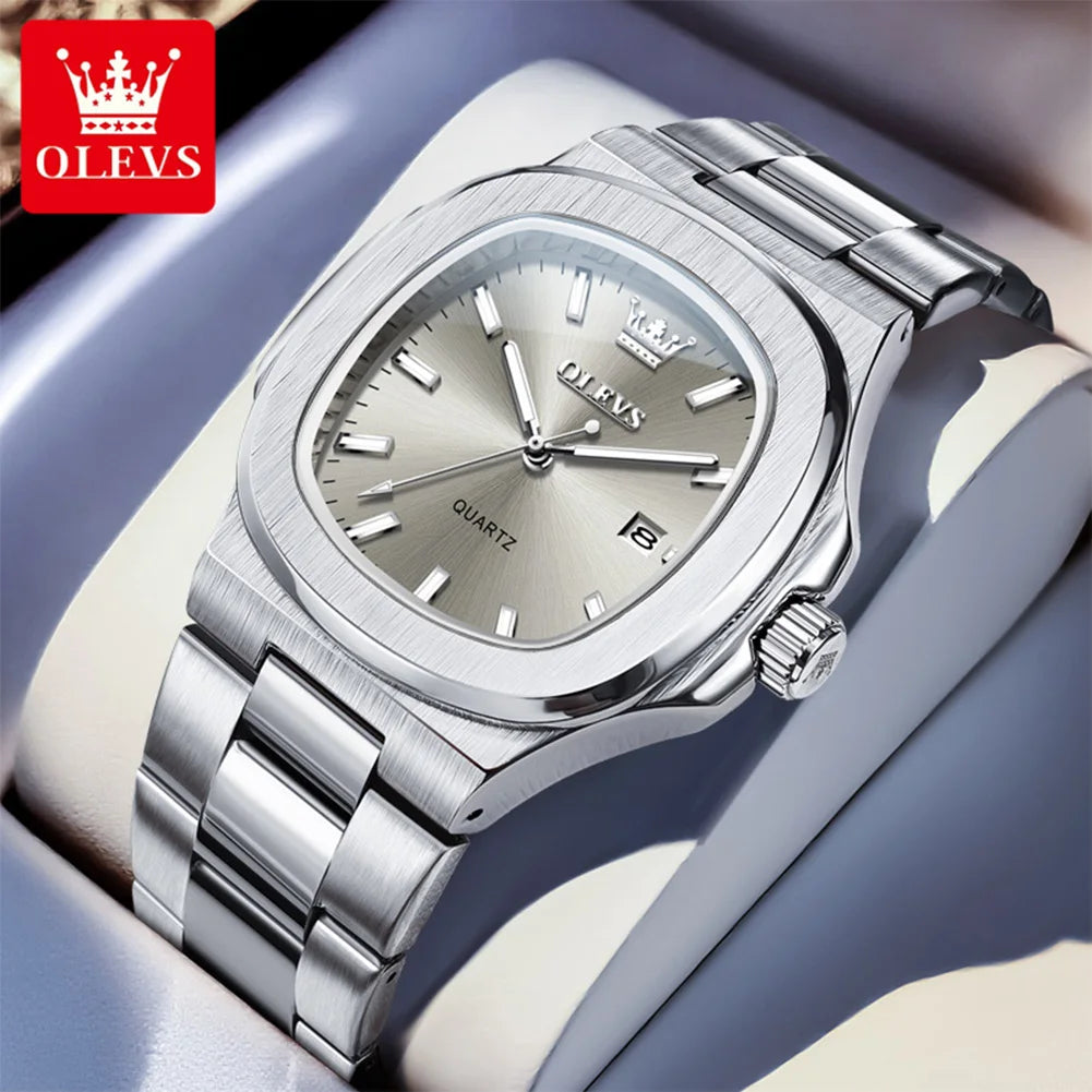 OLEVS Fashion Square Men Watches Business Stainless Steel Rose Gold Quartz Watch Calendar Date Male Casual Sports Luminous Clock