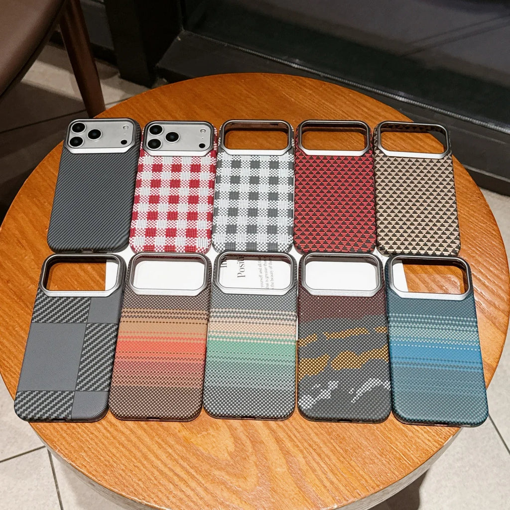 Carbon Fiber Kevlar Texture Phone Case For iPhone 17 Air 16 15 14 Plus 13 12 Pro Max 16E Metal Camera Frame Hard Plastic Cover