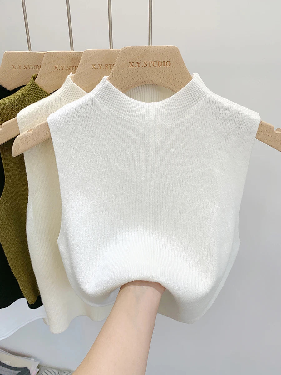 2024 Women Knitted Tank Top Summer Fall Slim Sweater Short Sleeveless Solid Spring Autumn Sweaters Pullovers