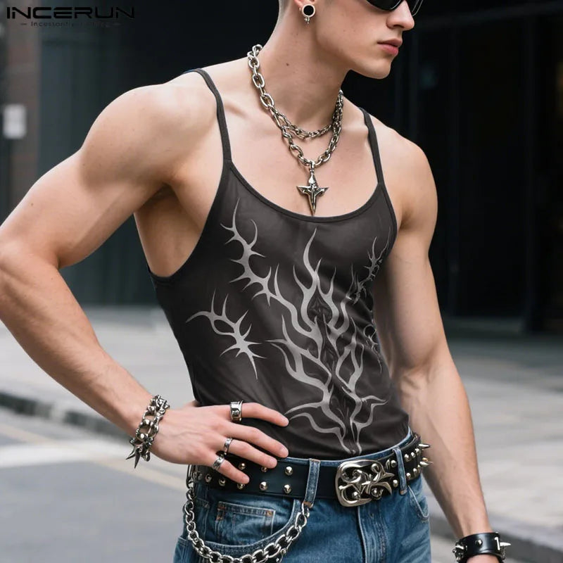 INCERUN Men Tank Tops Printing O-neck Sleeveless Summer Mesh Male Vests See Through Streetwear Sexy Fashion Crop Tops Men S-5XL
