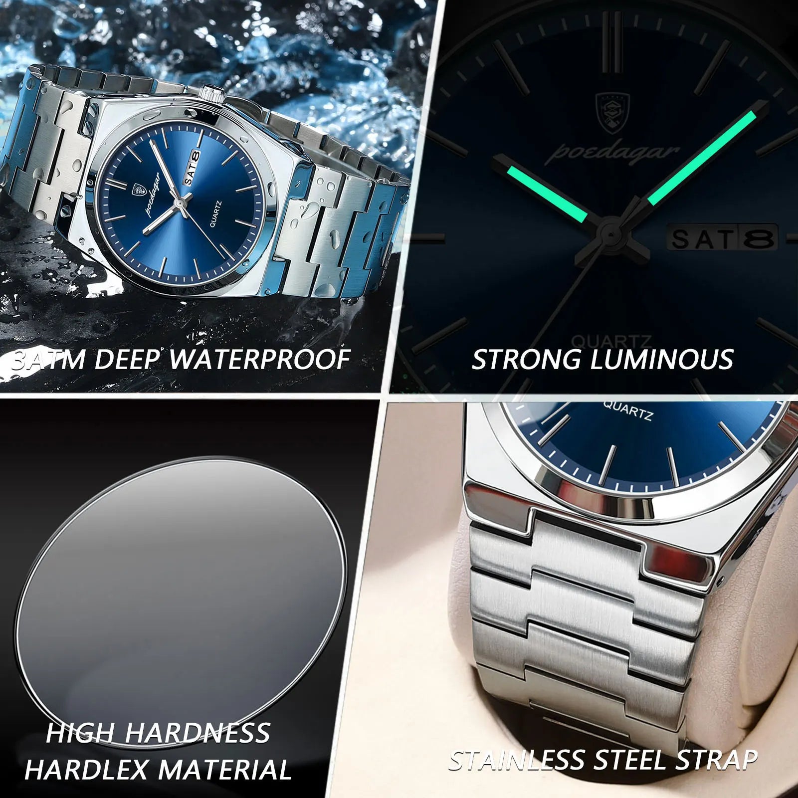 POEDAGAR Luxury Men's Watches Waterproof Luminous Date Week Simple Male Clock Stainless Steel Fashion Quartz Watch For Man Reloj