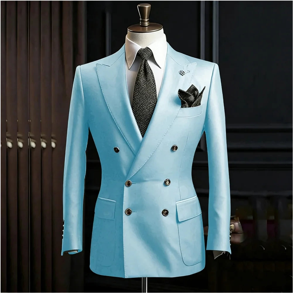 Formal Men's Suits Slim Fit Double Breasted Peaked Lapel Wedding Groom Prom Custom Male Clothing 2 Piece Jacket Pants Sets