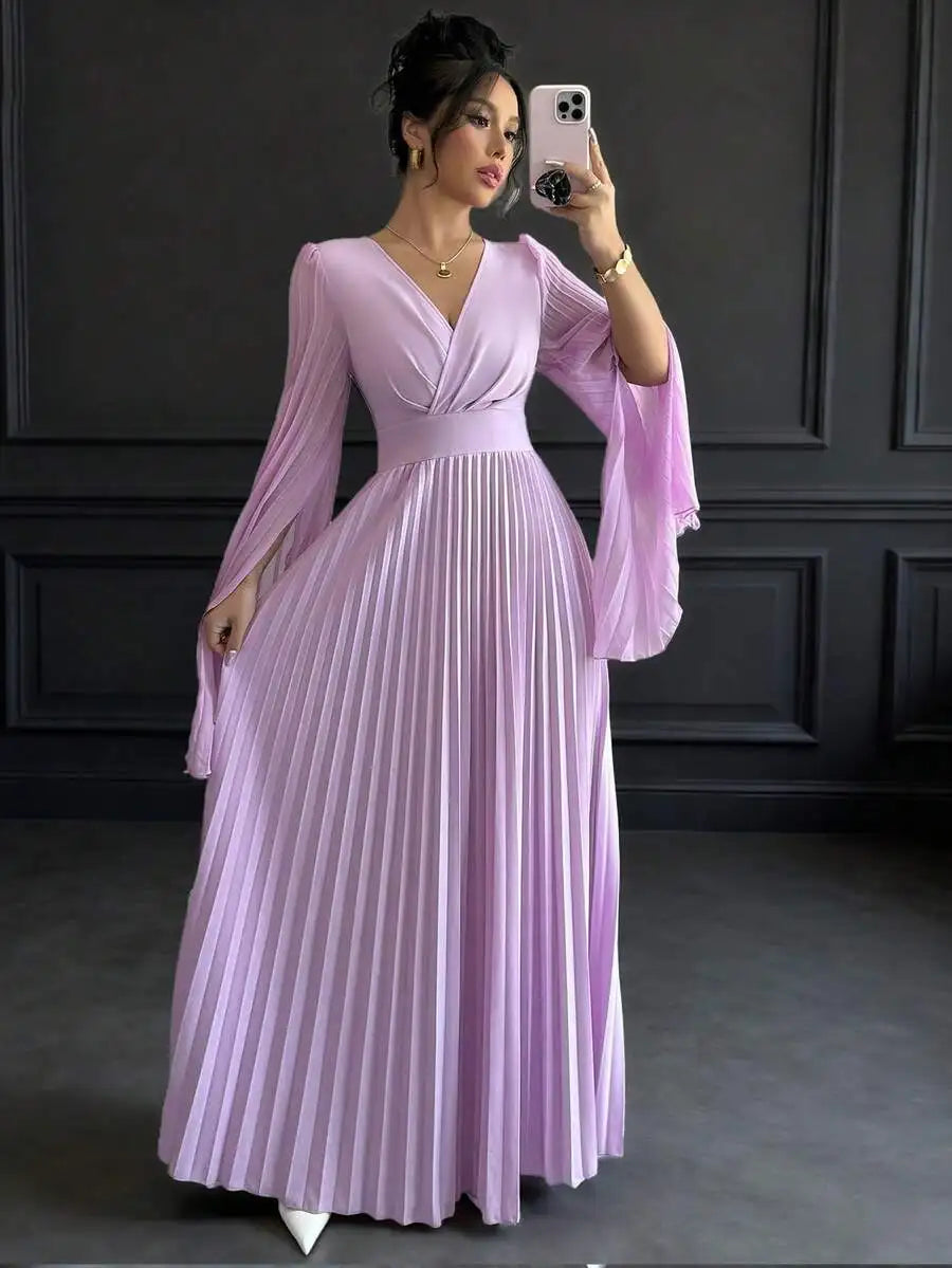 Lavender V-Neck Pleated Maxi Dress with Bell Sleeves Elegant Formal Gown