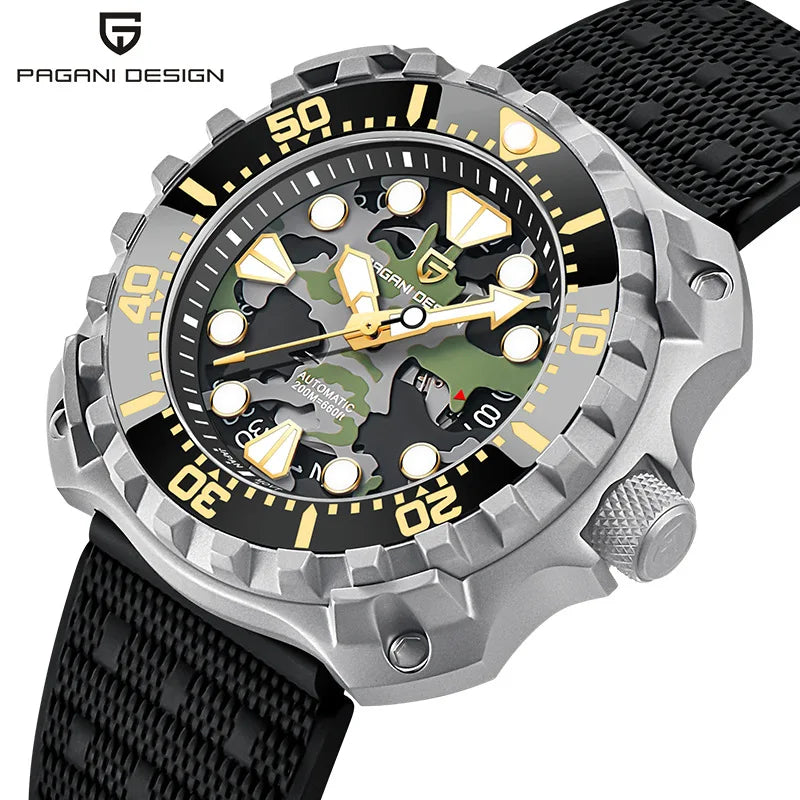 PAGANI DESIGN Men's Mechanical Watch Military Camouflage Hollow Dial NH35 Movt Sapphire 200m Waterproof Automatic Wristwatch