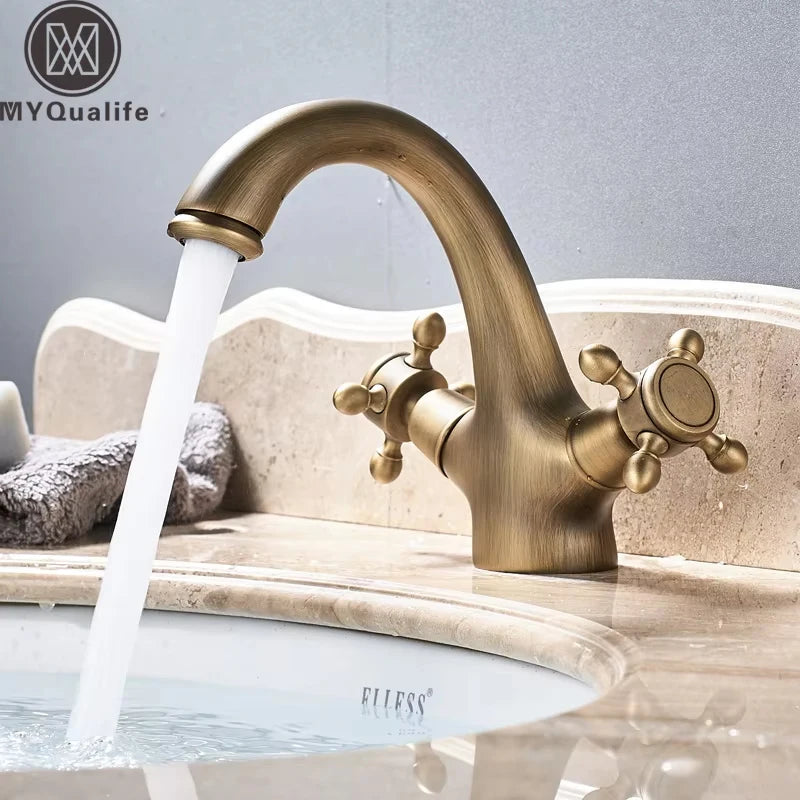 Antique Brass Basin Faucet Dual Handle Single Hole Deck Mounted Brass Bathroom Vanity Sink Mixers Hot and Cold Tap