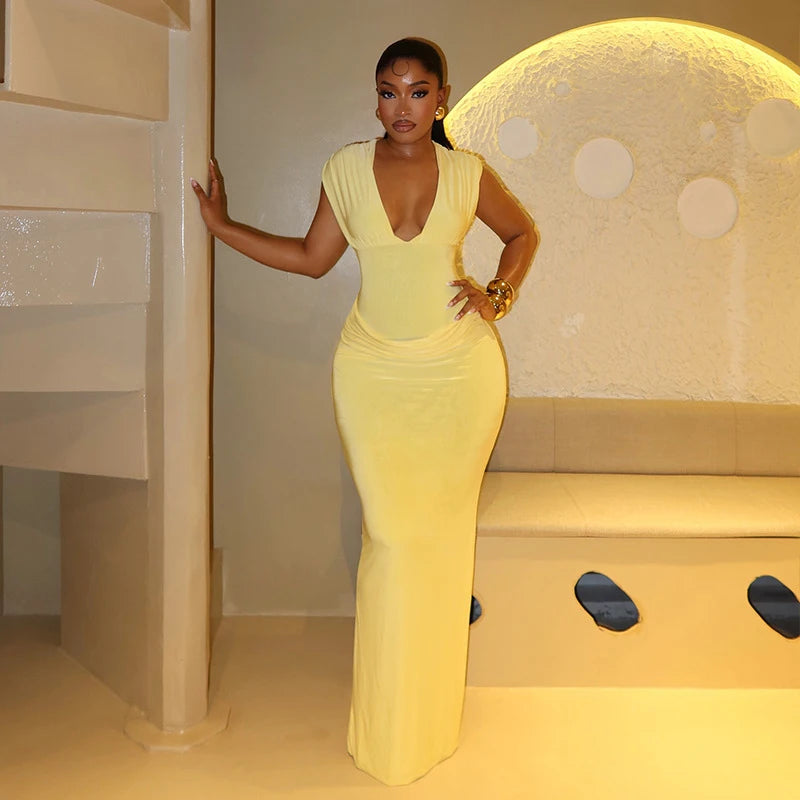 Elegant Deep V-Neck Dress Women Sexy Ruched Sleeveless Basic Stretch Fashion Birthday Party Banquet Bodycon