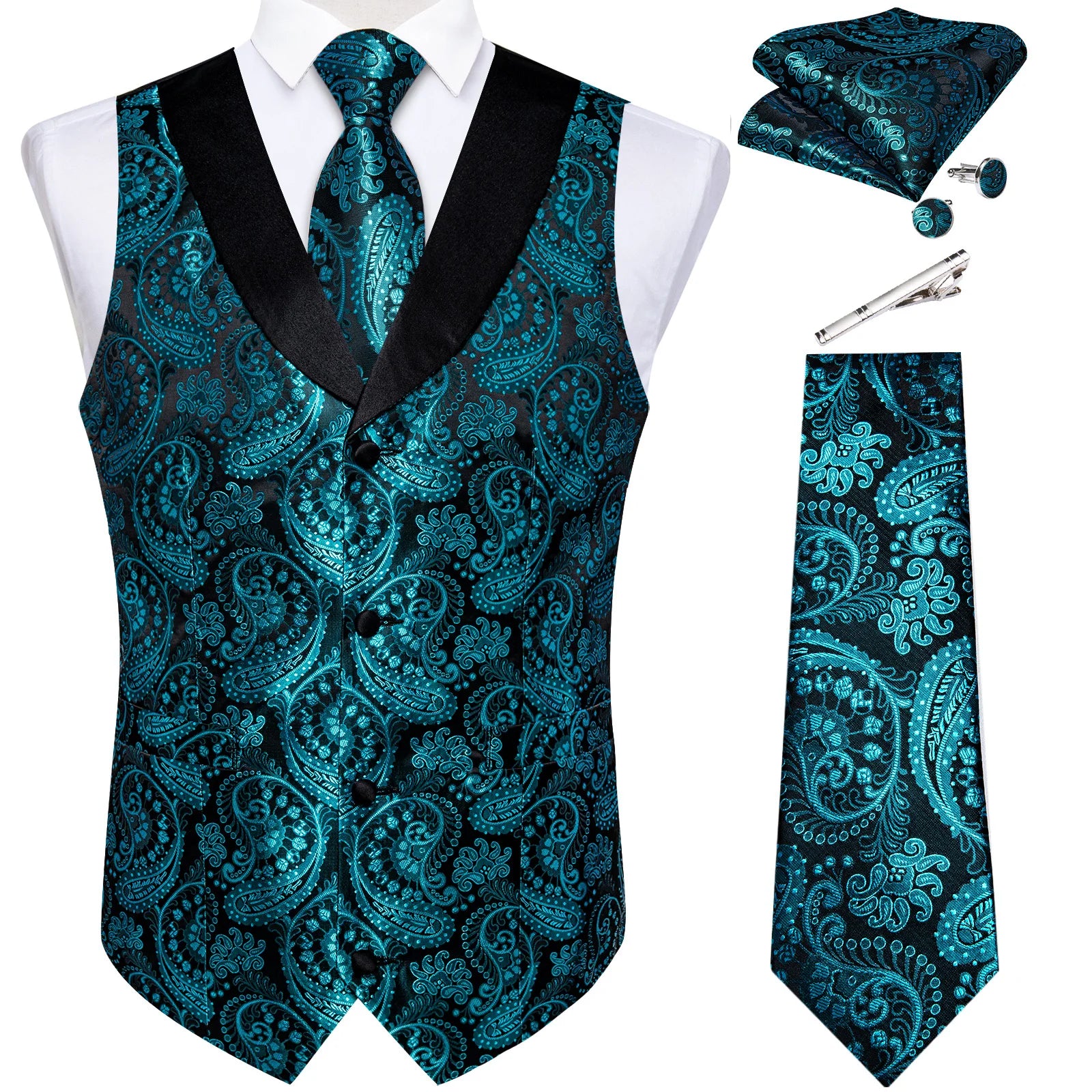 Suit Vest Set For Men Wedding Luxury Gray Paisley Dress Vests Necktie Clip Cufflinks Handkerchief Male Sleeveless Waistcoat Gift