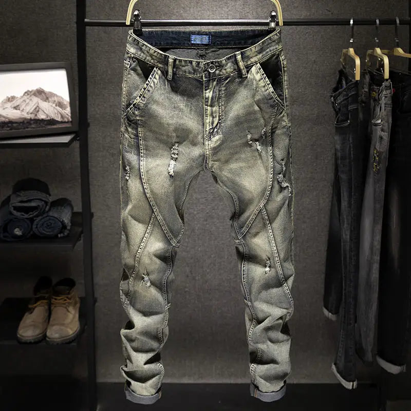 High Quality Luxury Men's Korean Style Retro Summer Jeans with Holes Designer Trendy Straight Plus Size 44 Denim Trousers Pants