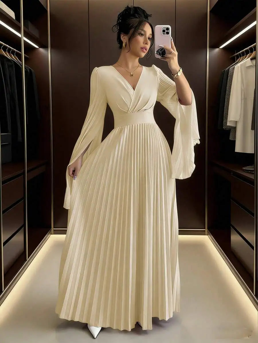Lavender V-Neck Pleated Maxi Dress with Bell Sleeves Elegant Formal Gown