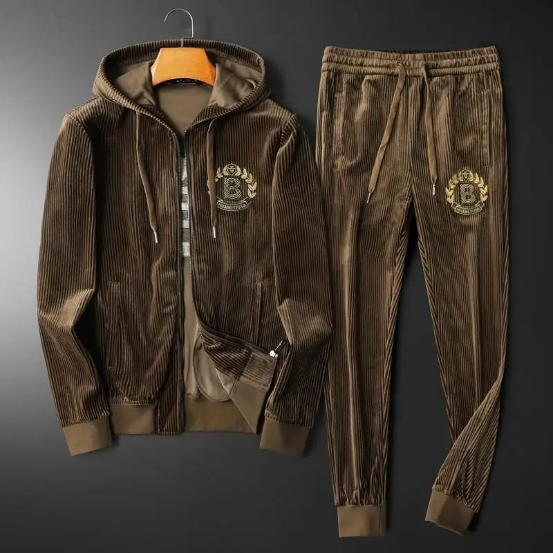 Men's Trend Gold Velvet Fashion Suit Hooded Thickened Casual Autumn and Winter New Plus Size Sportswear Two-Piece Set