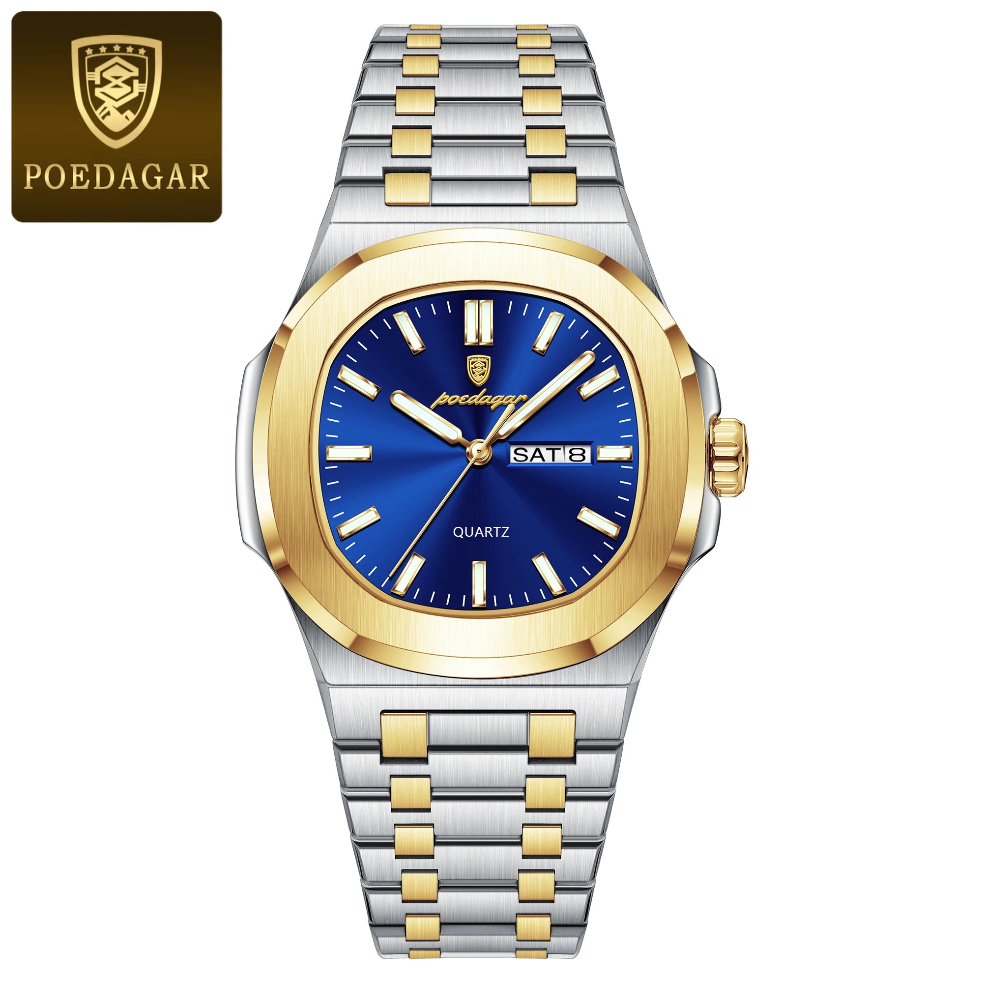 POEDAGAR Square Luxury Men's Wristwatch Luminous Waterproof Stainless Steel Male Clock Week Date Original Quartz Watches For Men