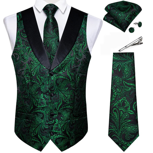 Suit Vest Set For Men Wedding Luxury Gray Paisley Dress Vests Necktie Clip Cufflinks Handkerchief Male Sleeveless Waistcoat Gift