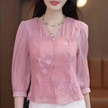 2024 Women's Clothing Summer Pullovers V-Neck Three Quarter Commuter Trendy Embroidery Solid Color High End Western StyleTops