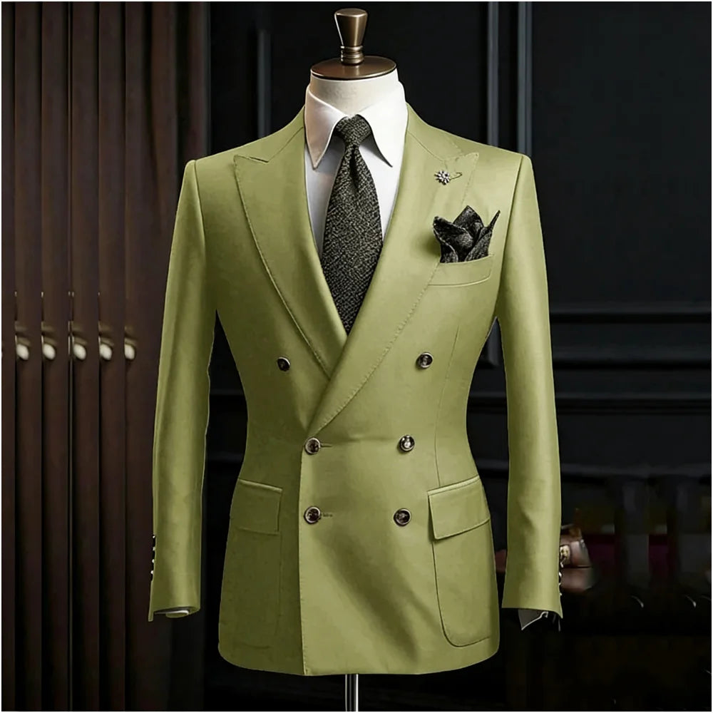 Formal Men's Suits Slim Fit Double Breasted Peaked Lapel Wedding Groom Prom Custom Male Clothing 2 Piece Jacket Pants Sets