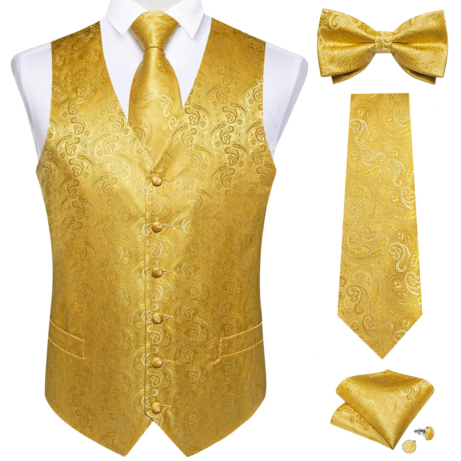 Men Black Paisley Vest Necktie Bowtie Pocket Square Cufflinks Dress Set жилетка мужская Classic 5 PCS Business Waistcoat for Man