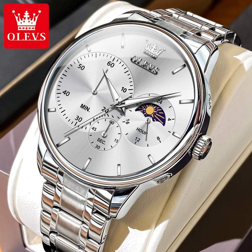 OLEVS Men's Watches Top Brand Business Fashion Fine Steel Original Brand Quartz Wristwatch for Man Moon Phase Chronograph Big
