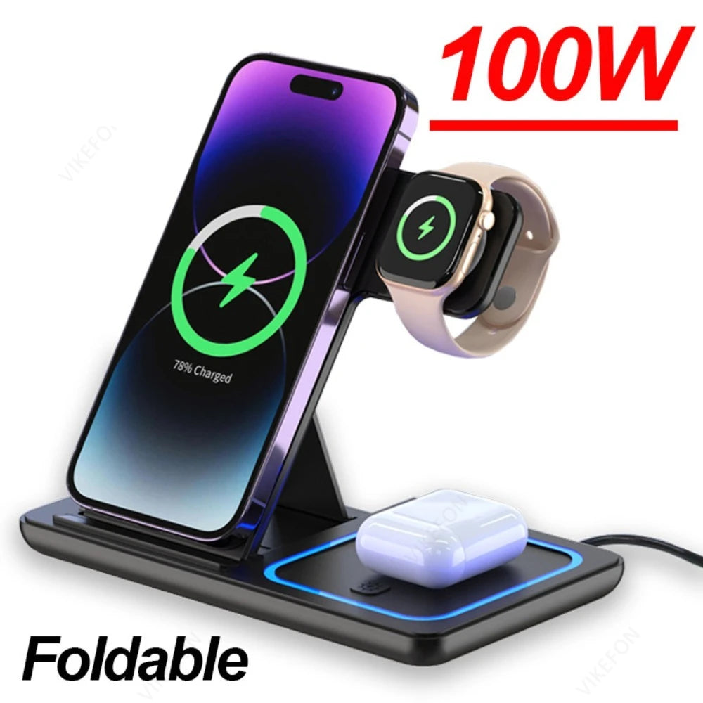 Foldable 100W Wireless Charging Station for iPhone 16 15 14 13 12 iWatch 10-2 Ultra Airpods 4 Pro 3 in 1 Fast Charger Stand Dock