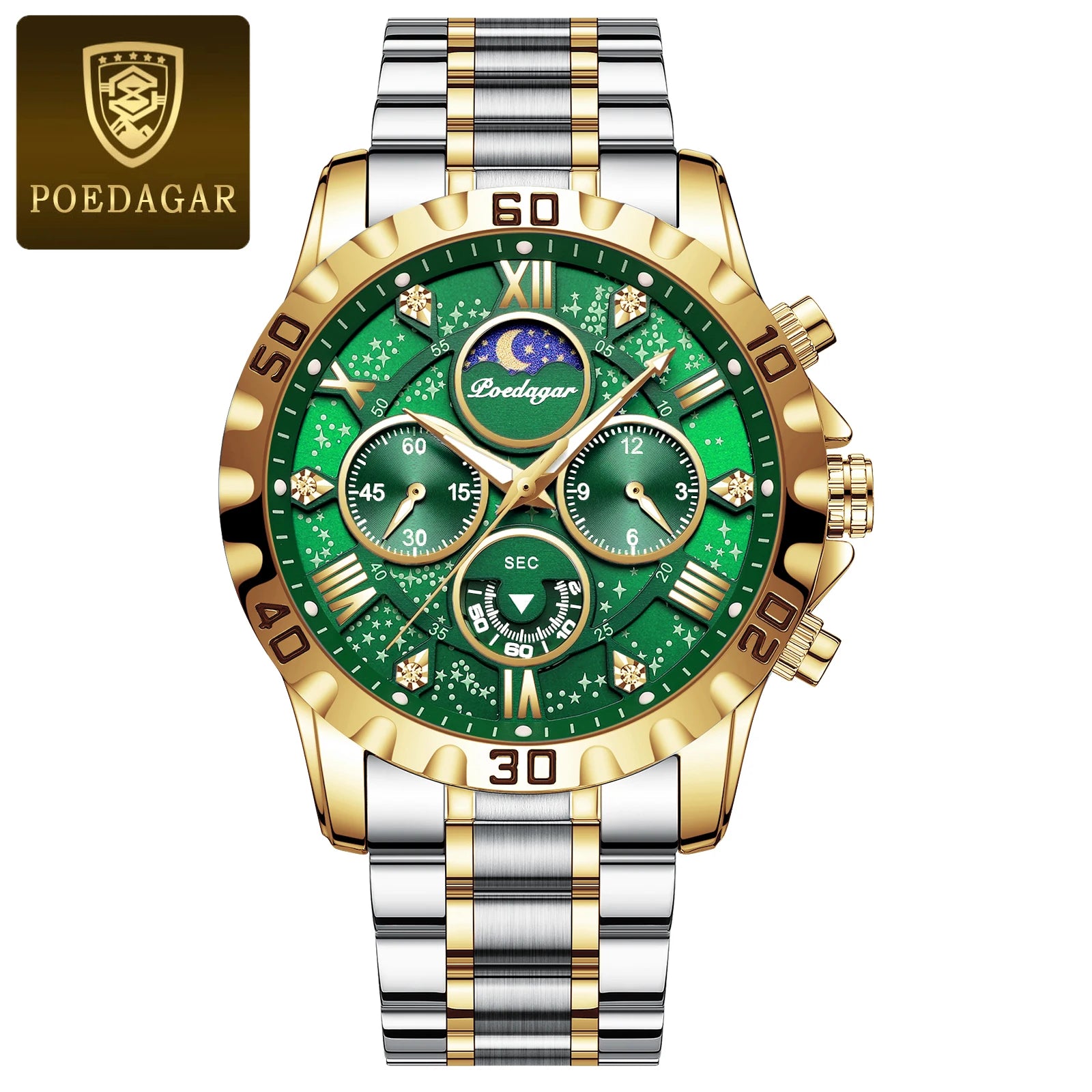 POEDAGAR Luxury Man Wristwatch Waterproof Luminous Chronograph Sports Men Watch Stainless Steel Fashion Quartz Men's Watches+Box