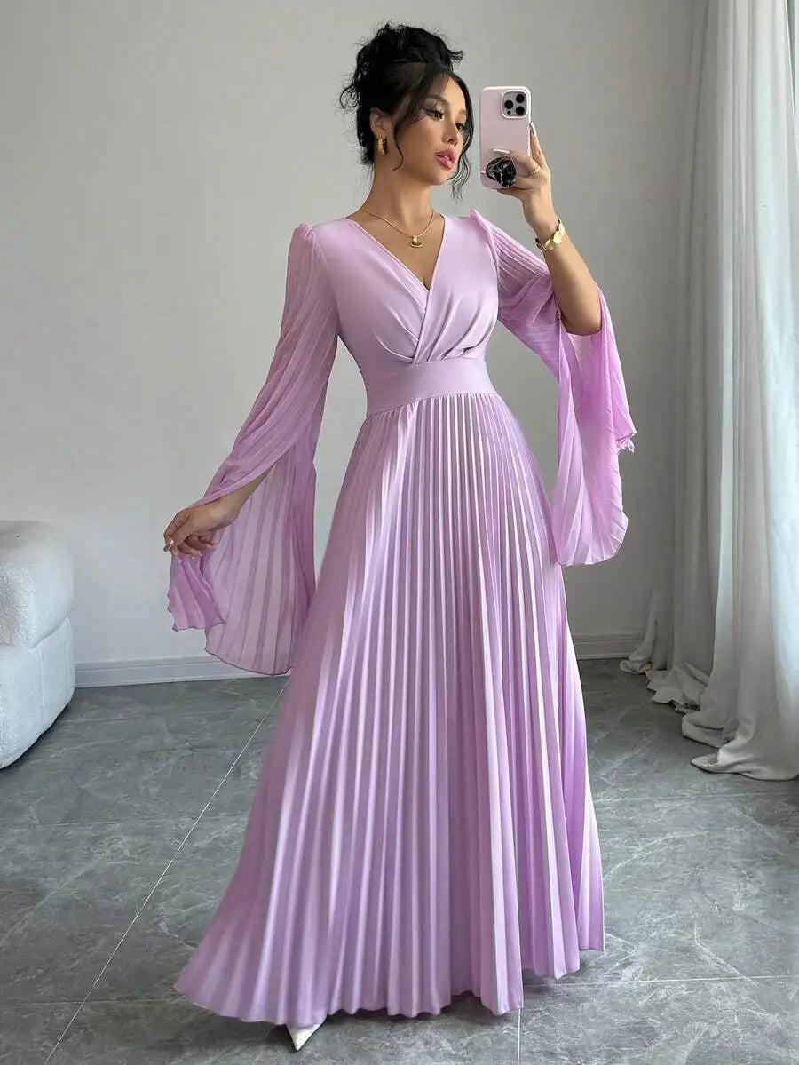 Lavender V-Neck Pleated Maxi Dress with Bell Sleeves Elegant Formal Gown