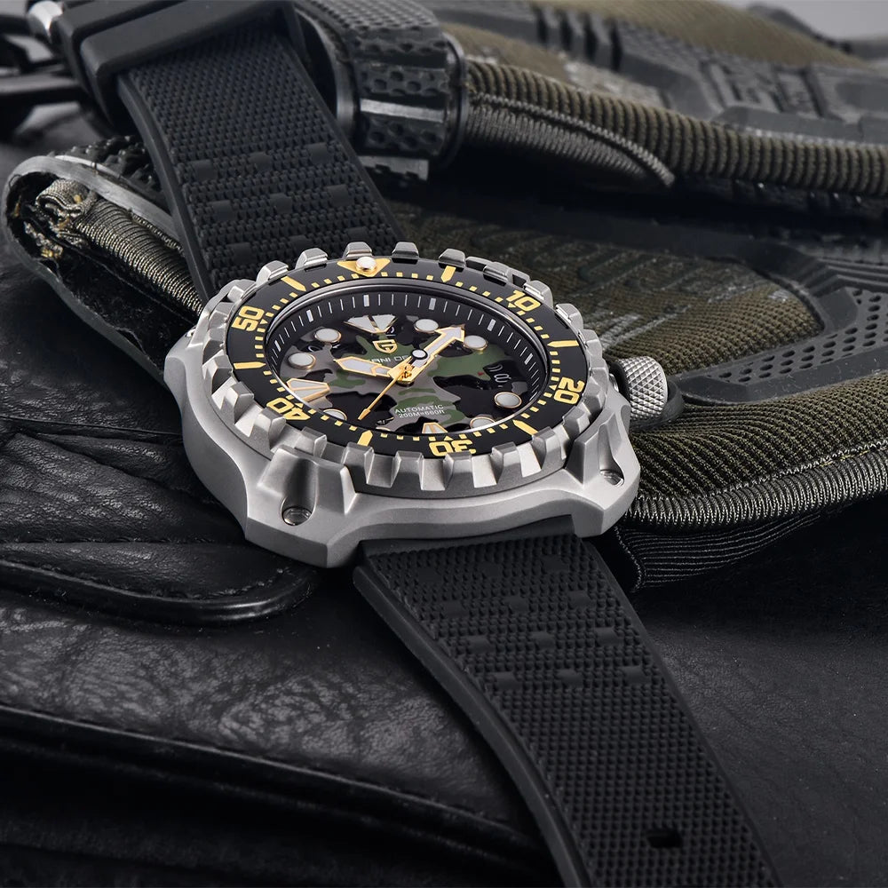 PAGANI DESIGN Men's Mechanical Watch Military Camouflage Hollow Dial NH35 Movt Sapphire 200m Waterproof Automatic Wristwatch