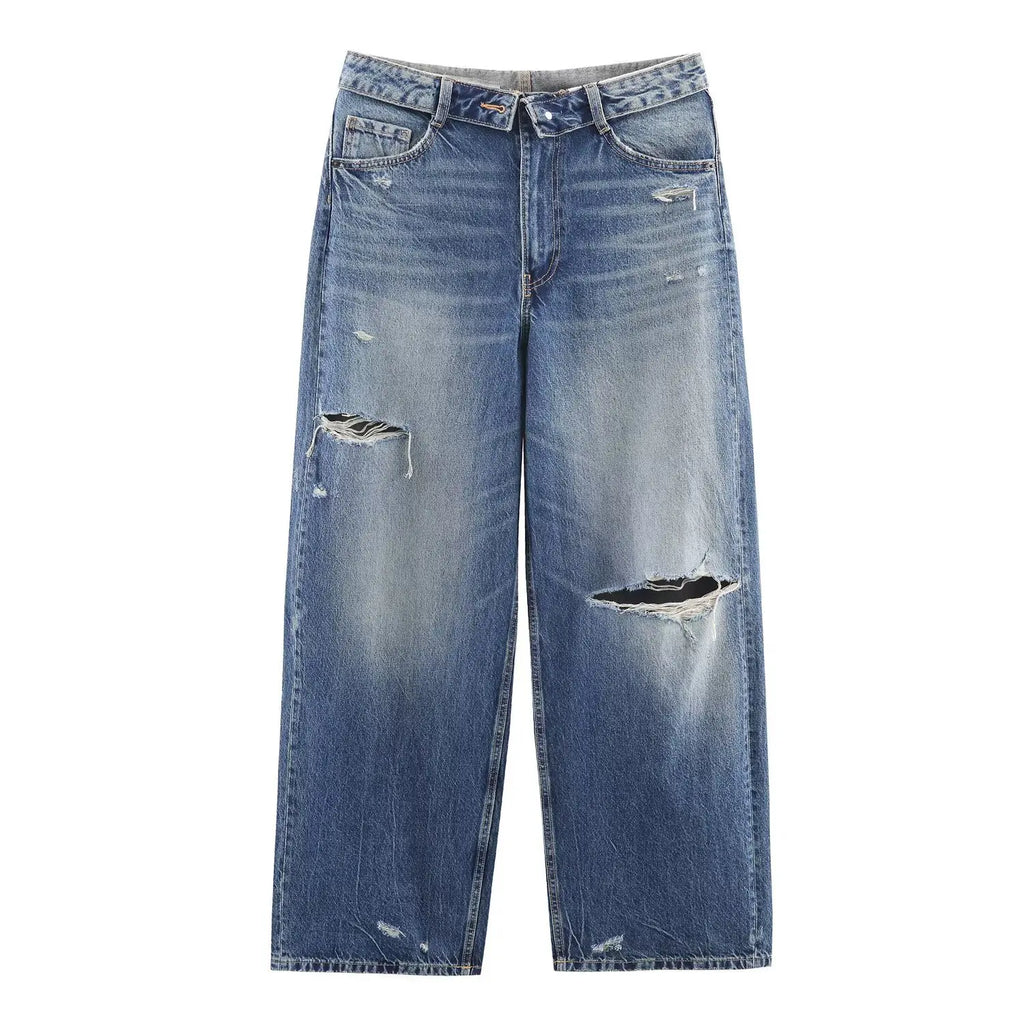 New Autumn/Winter Fashion Casual Mid Waist Hole Solid Color Loose Fit Wide Leg Jeans,3 Colors