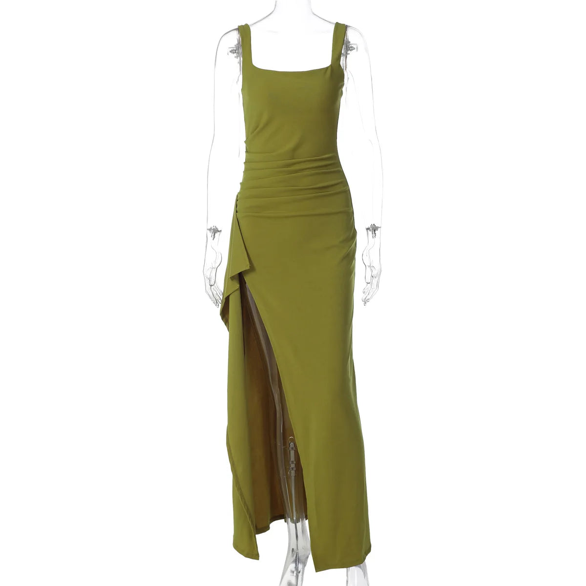 Women's Bodycon Evening Dress, Spaghetti Strap Square Neck Slit Midi Dress Sexy Formal Prom Night Gown Party Dresses
