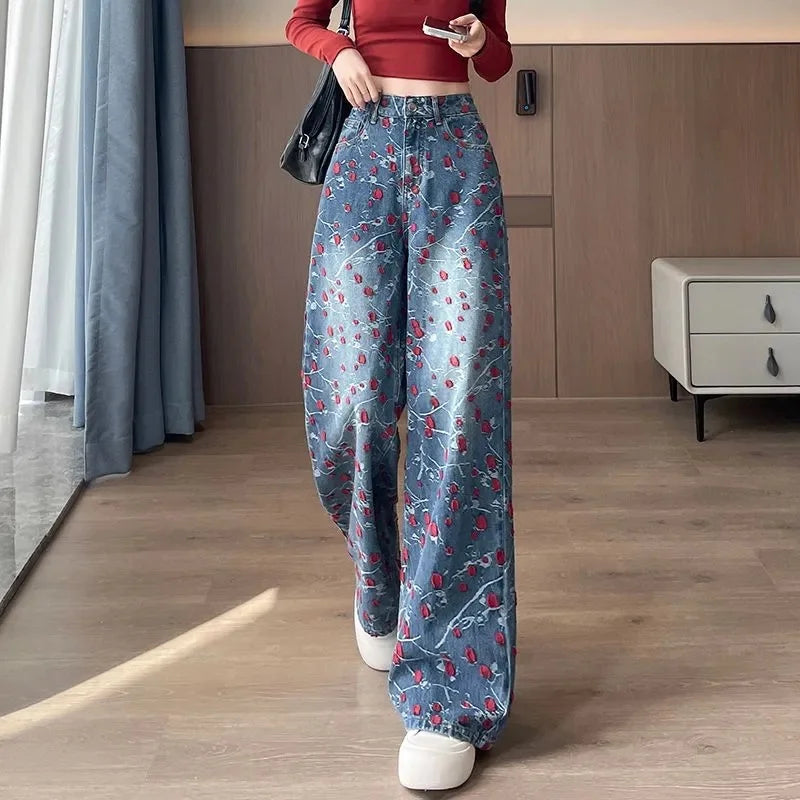 2026 New Embroidered Straight Jeans Women Fashion Denim pants Female Autumn High Waist wide-leg pants Ladies Casual Trousers