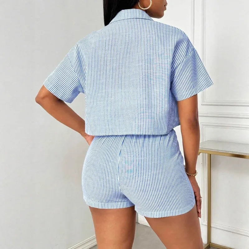 New Fashion Women's Clothing Trend Lapel Casual Striped Shirt Short Sleeve Shorts Two-piece Set Two Piece Sets Womens Outifits
